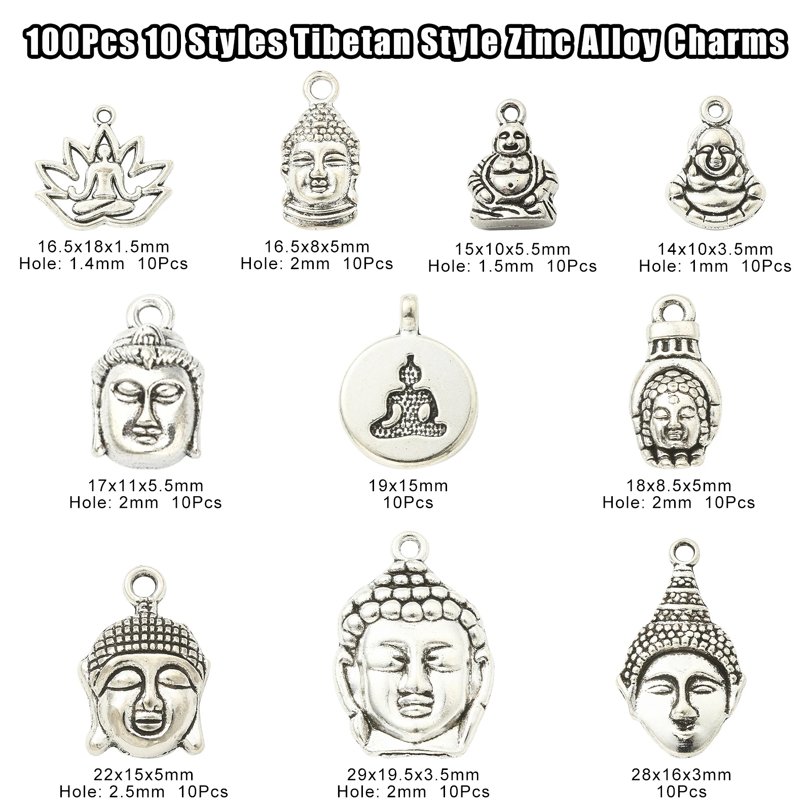 Pandahall 100Pcs 10 Styles Tibetan Style Buddha Charms Religious Lotus Yoga Charms Vintage Charms for Jewelry Making Crafting