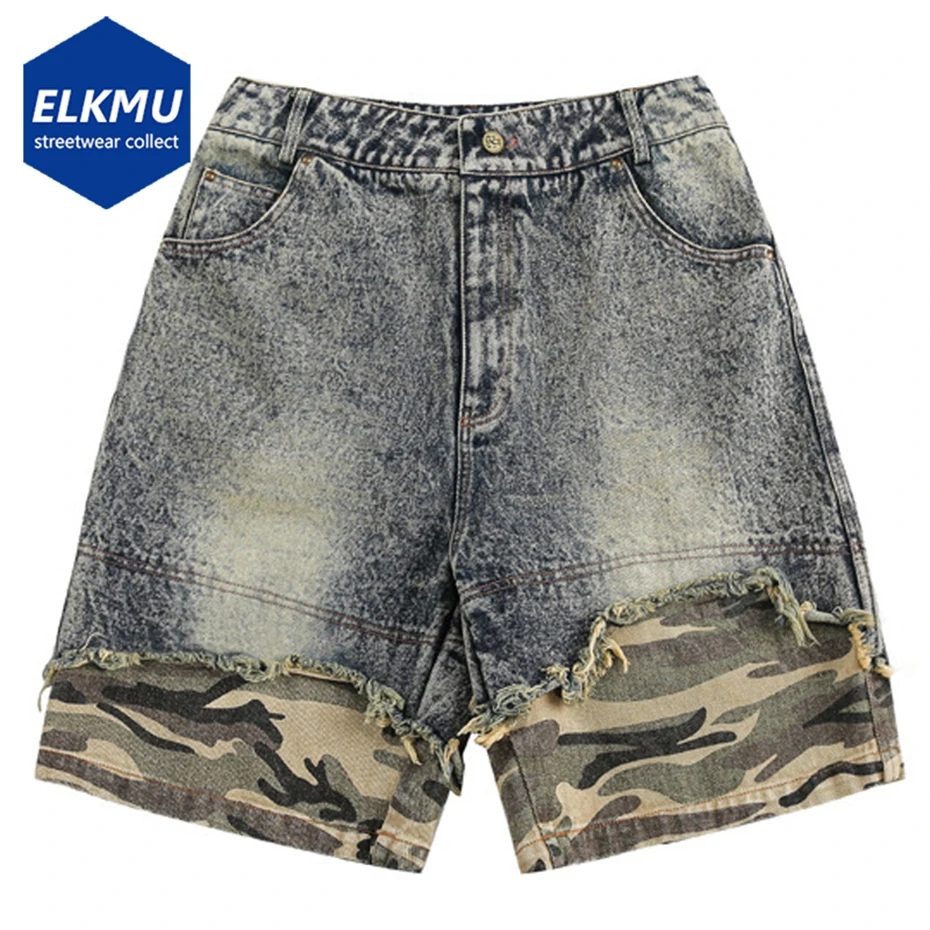 Camoufalge Patchwork Vintage Denim Shorts Men's Summer Loose Casual Blue Jeans Shorts Streetwear Harajuku Hip Hop