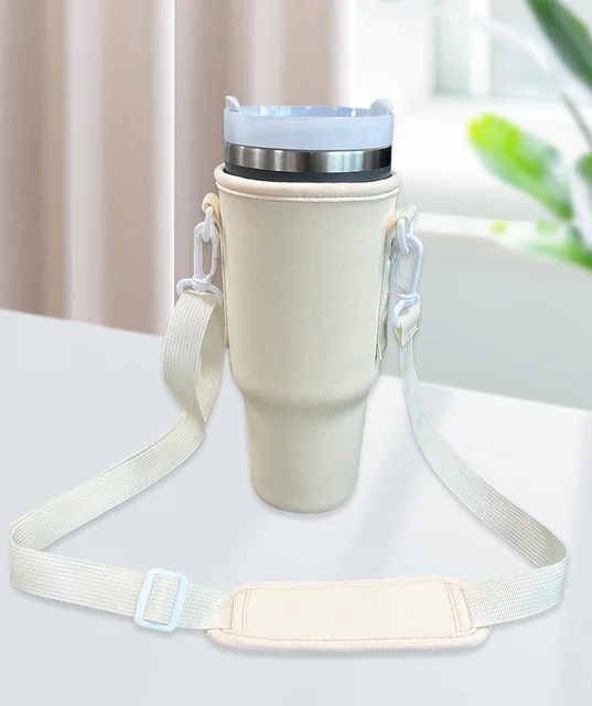 Water Bottle Carrier Bag For 40oz Stanley Cup – Crossbody Sling With Straw Cover & Pockets, Neoprene Holder (White) - View #4