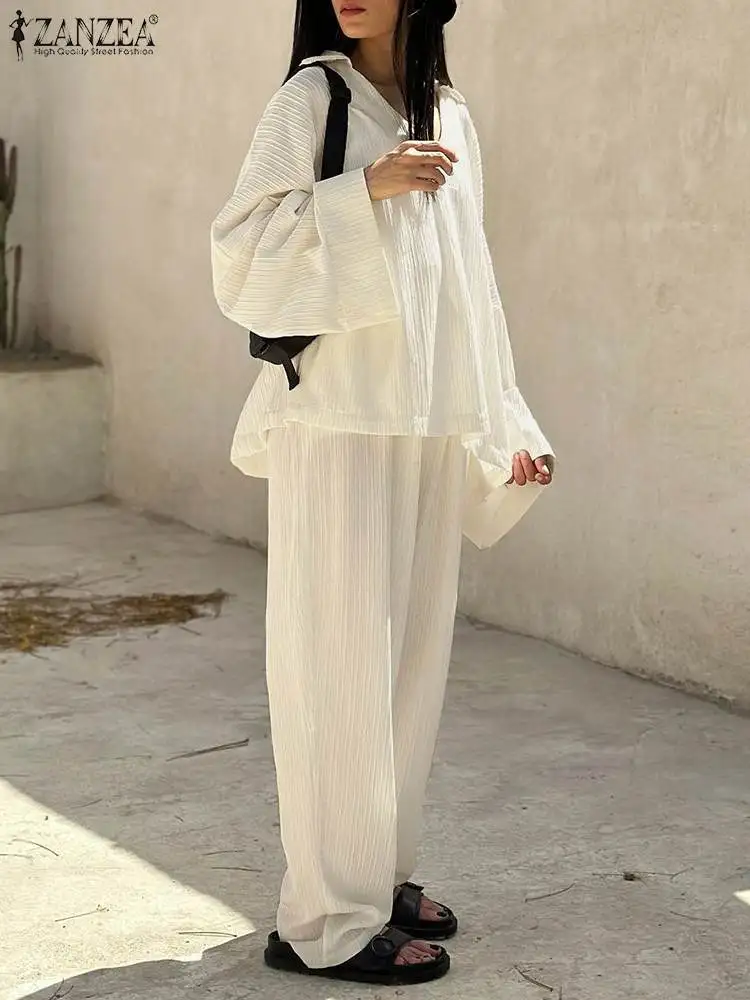 ZANZEA 여성 패션 와이드 레그 롱 팬츠 복장, 단색 2 개 세트, 캐주얼 라펠 V넥 상의, 세트 휴일 질감 원단 운동복