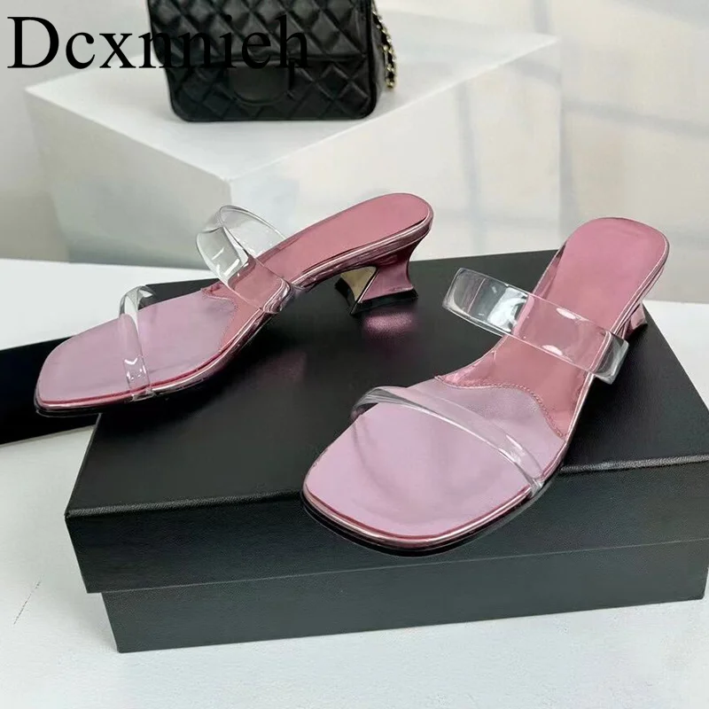 

2024 Square toe open toe casual slippers transparent PVC comfortable sandals summer outdoor vacation beach lazy slippers women's