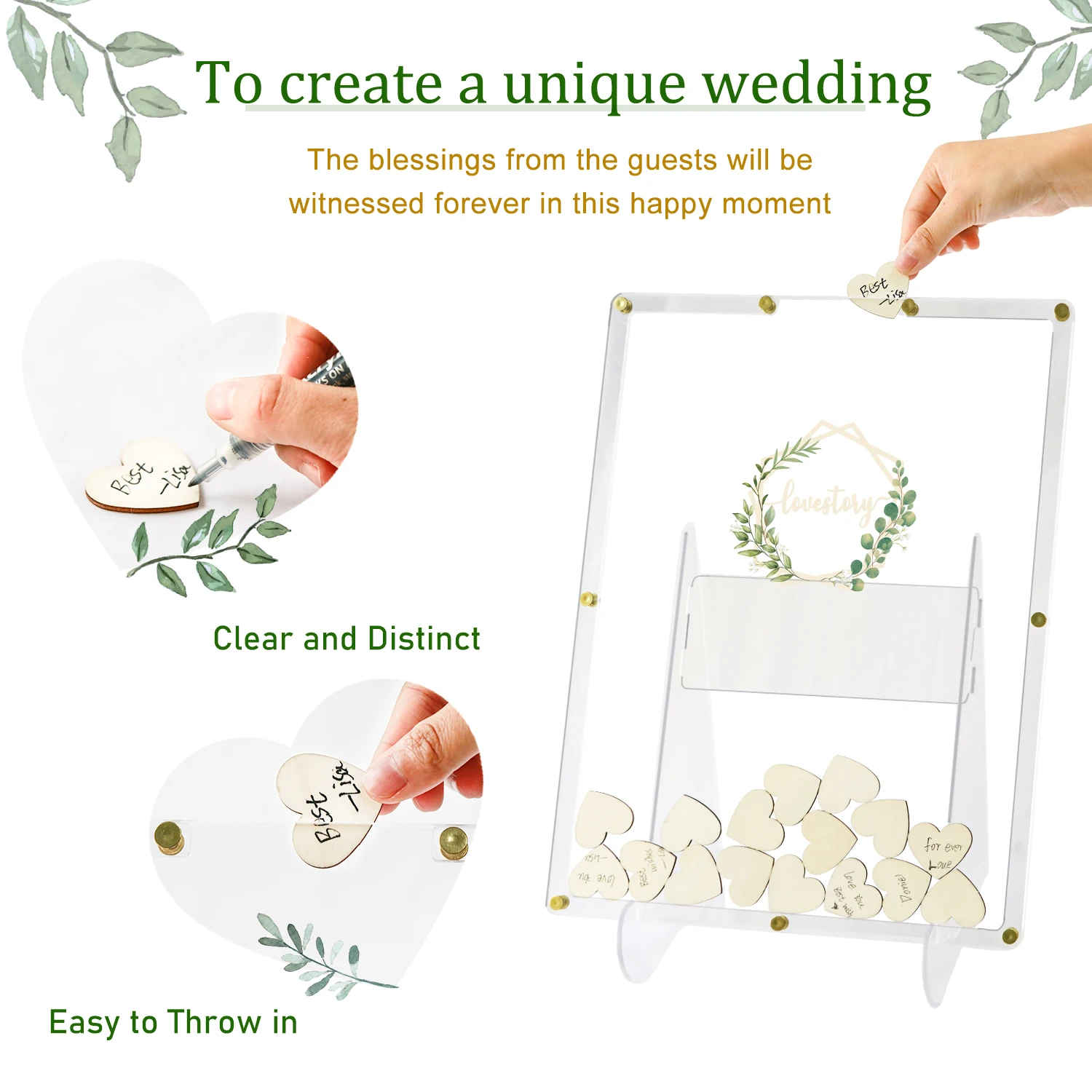 Acrylic wedding guestbook drop box with stand, 100 wooden hearts and markers, wedding signs for ceremony and reception