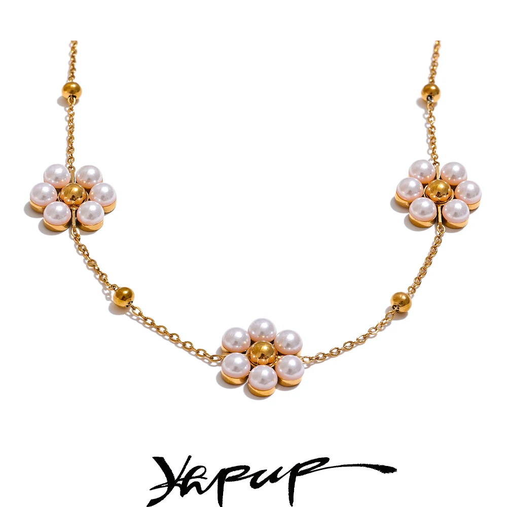 Yhpup Handmade Flower Necklace Women 18K Gold PVD Stainless Steel