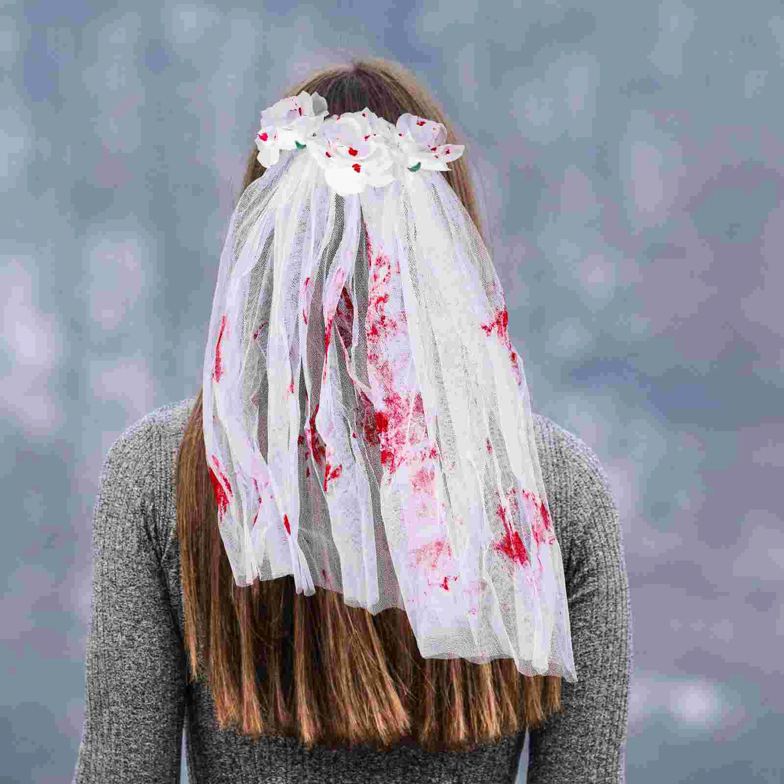 

Halloween Skull Headdress Party Decorative Veil (Blood Stained Veil) Fabric with Comb Gothic Long Cloth Women Hair Accessories