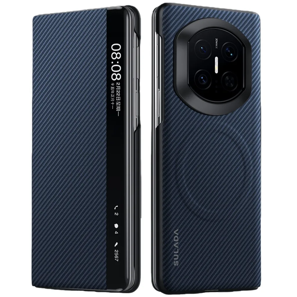 SULADA Magnetic Leather Flip Case with Carbon Fiber Texture and Window View