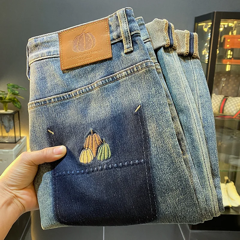 High-End Quality Men's Retro Simple Loose Skinny Jeans Men's 2024 New Versatile Pumpkin Embroidered Harem Pants 4