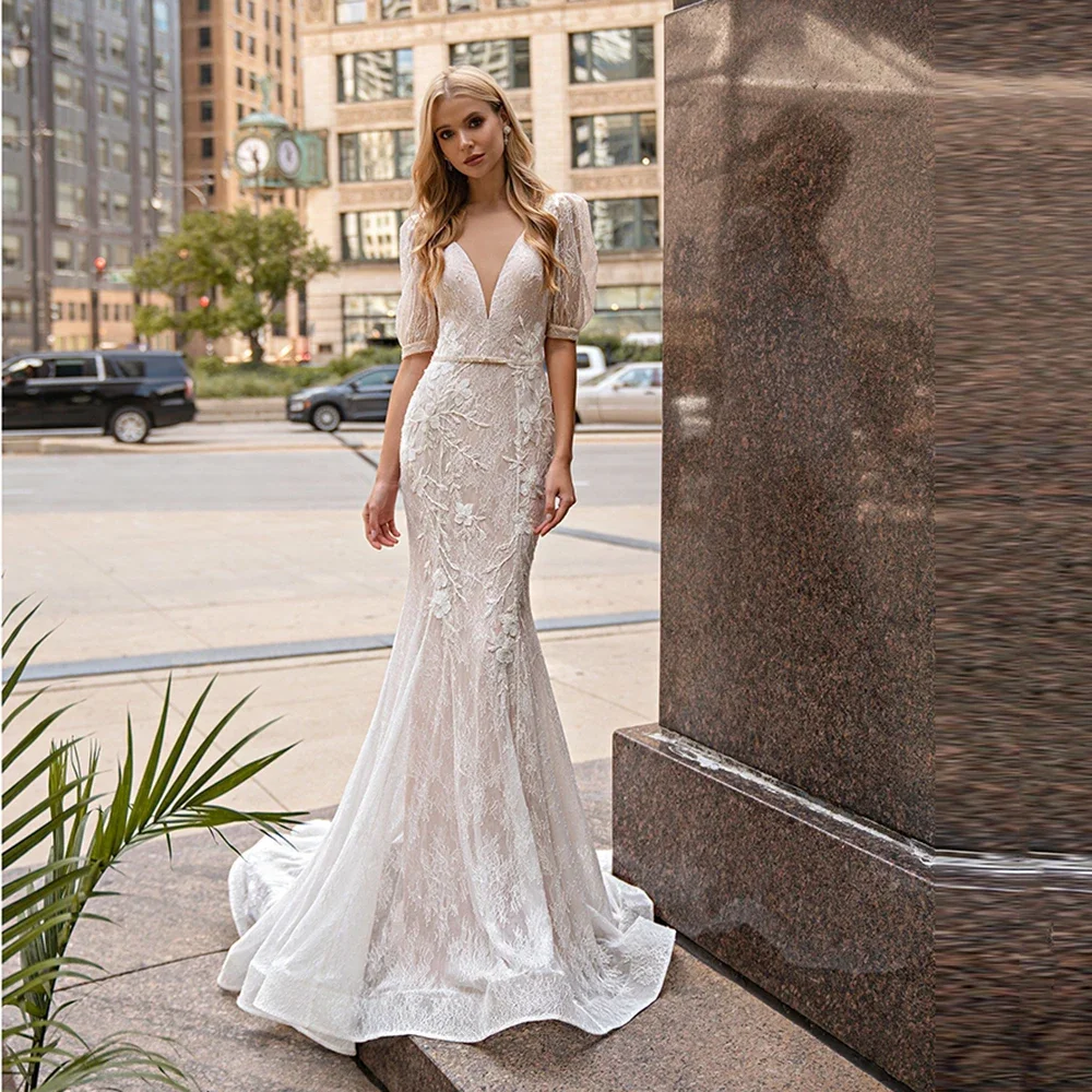 

2022 Mermaid Wedding Dresses Scoop Neck Half Sleeve Backless Vestido De Novia Exquisite Beading Appliques Bow Lace Bridal Gown