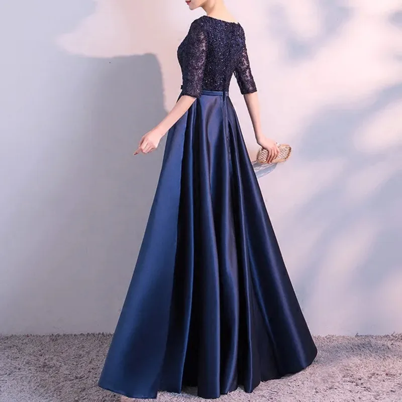 NEW 2024 LONG FORMAL EVENING DRESSES ELEGANT LACE SATIN NAVY BLUE VESTIDOS WOMEN PARTY GOWN vestido de festa Banquet