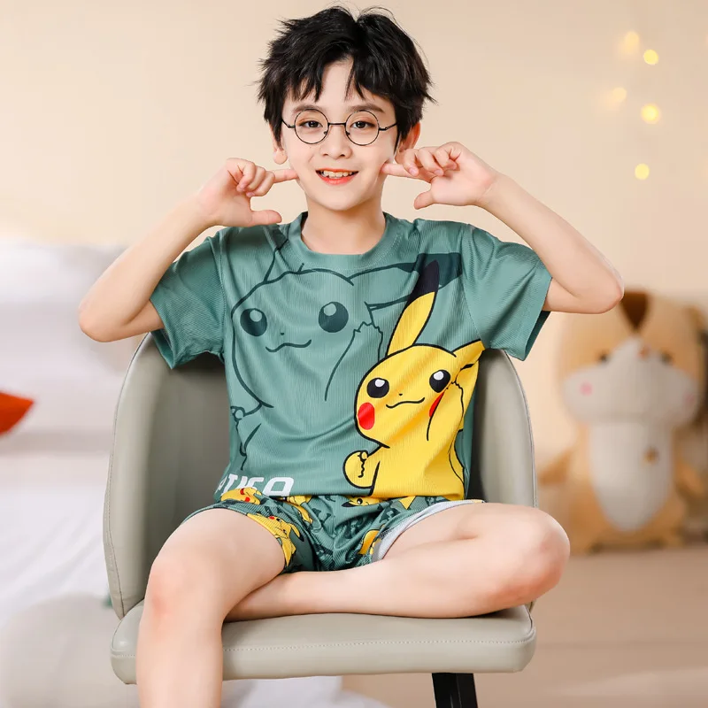 

2023Pokemon Pikachu Series Summer Kids Ice Thin Pajamas Set Anime Cartoon Casual Short Sleeve Shorts Set 2 Children Homewear