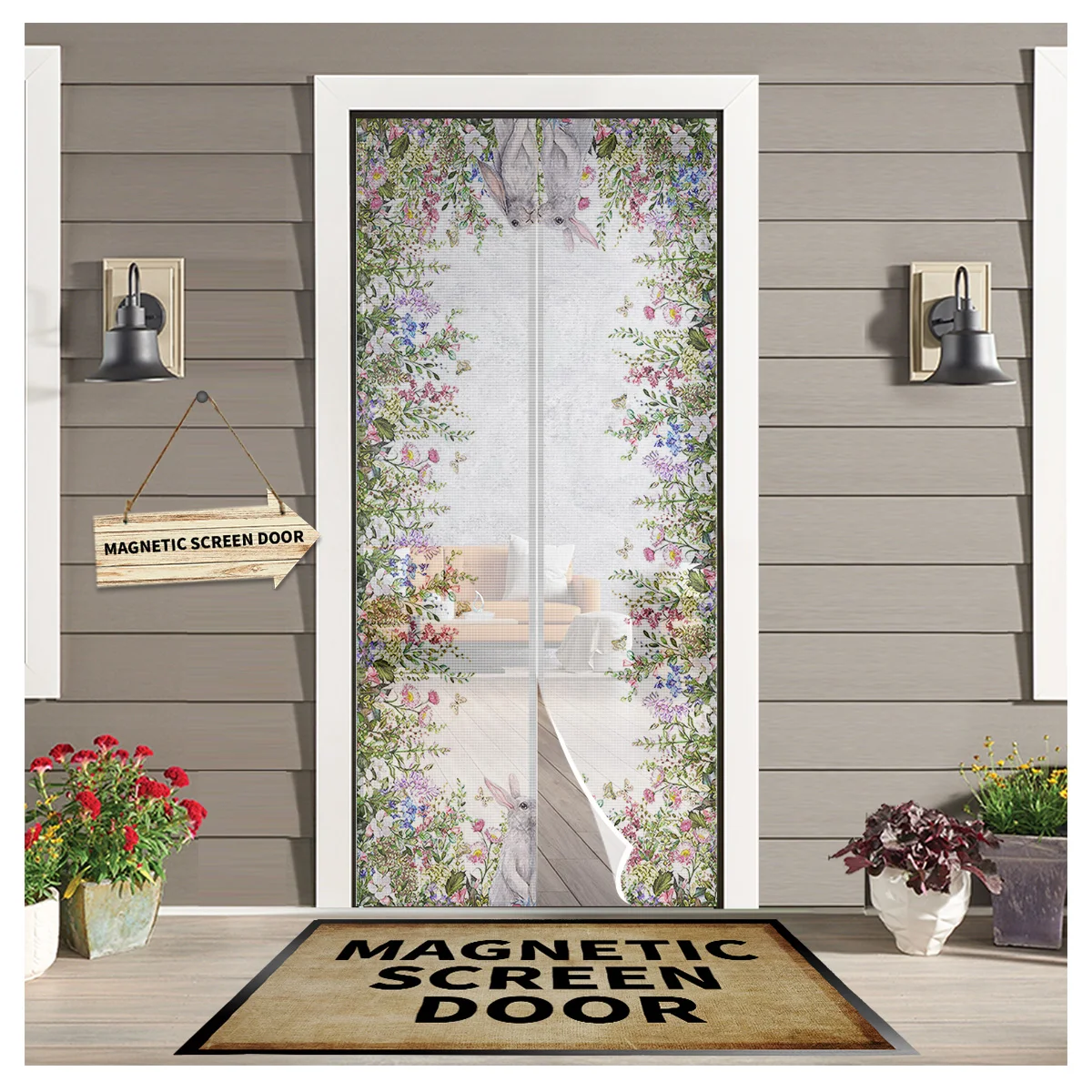 

Easter Watercolor Plants Flower Bunny Kitchen Curtain Magnetic Mosquito Net Curtains Summer Bedroom Anti Insect Door Curtain