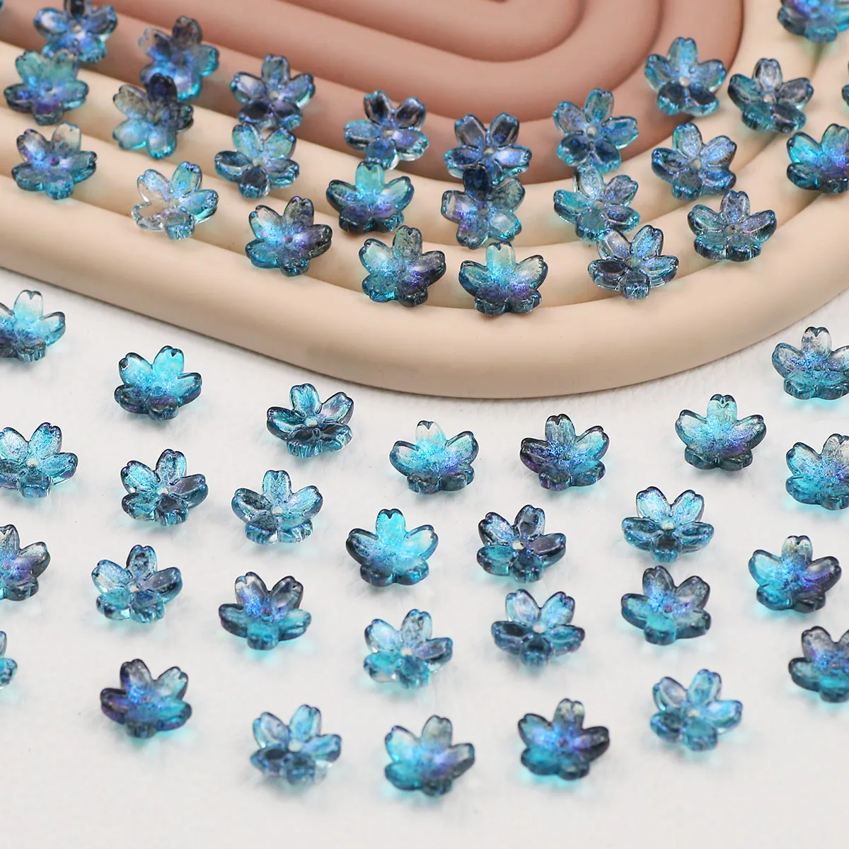 Handcrafted Cherry Blossom Glass Beads – 12mm, Blue Hole Accents, DIY Jewelry Making Supplies