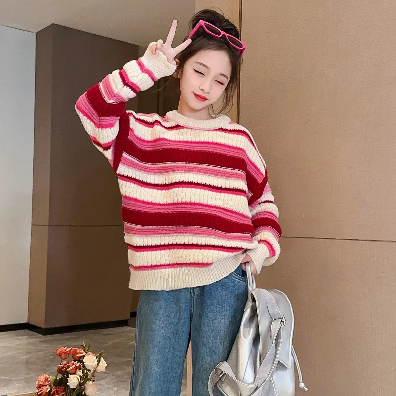 

Korea Autumn Winter Junior Girl Pullovers Sweater Teenager Girl Knitwear Stripes Elementary Girl Pink Sweater Kid Knitted Top