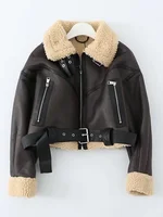 Ailegogo Winter Women Streetwear Faux Lamb Leather Fur Short Jacket with Belt Moto Biker Thick Warm Sheepskin Coat Outwear
