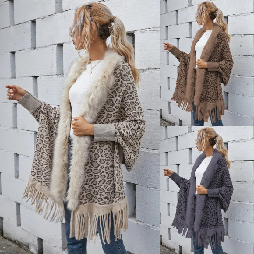 Women Tassel Cardigan Open Stitch Warm Coat Long Sleeves Vintage Leopard Shawl Oversize Winter Faux Fox Fur Poncho Cape oversize double side scarf winter knitted peony floral poncho cape women batwing sleeves two color out street knitwear shawl