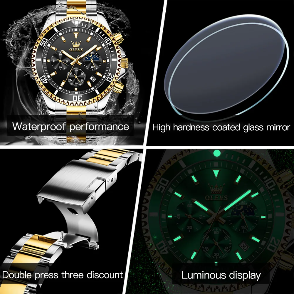 OLEVS Luxury Chronograph Quartz  Watch for Men Stainless Steel Sports Waterproof Wristwatches  Date Luminous Hands Mens Watches