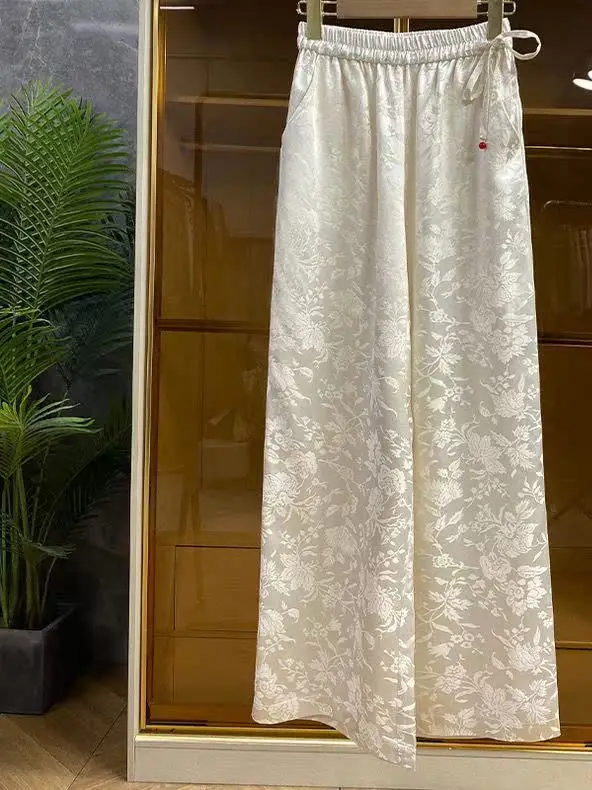 High Quali Chinese Sle Wide Leg Pants Women's Loose Elastic Waist Dra Feel Embroidery Detailing Casual Trousers