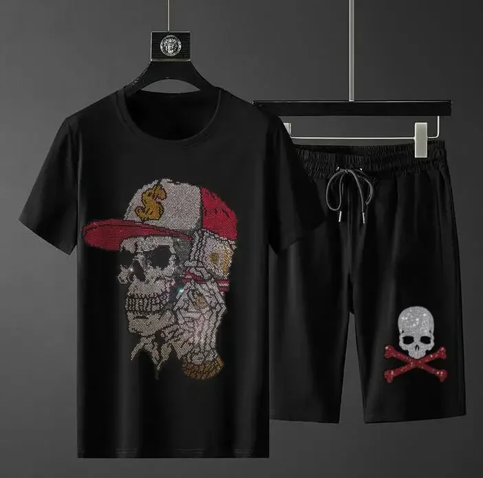 

S-4XL Anime Men's Diamonds Skulls Tracksuit Streetwear Fitness Rhinestones Suits Set Tops and Shorts