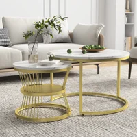 FANGANGE Table d'appoint ronde 2 pièces, table basse, structure en métal, style moderne, convient pour le salon et la chambre à coucher, noir, doré 2