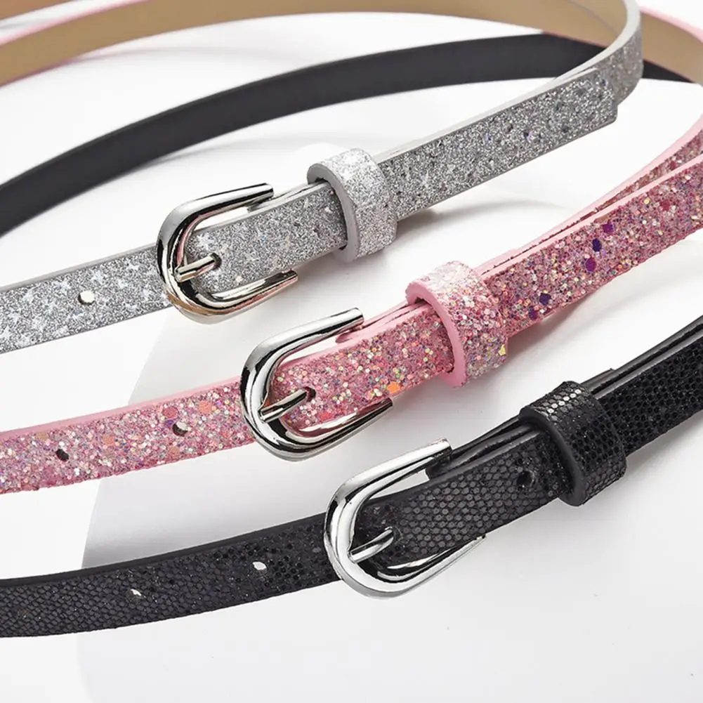 Sequin Belt Multi Holes Design Adjustable Length Waistband Jeans Dress Glittery Faux Leather Belt Clothing Accessory