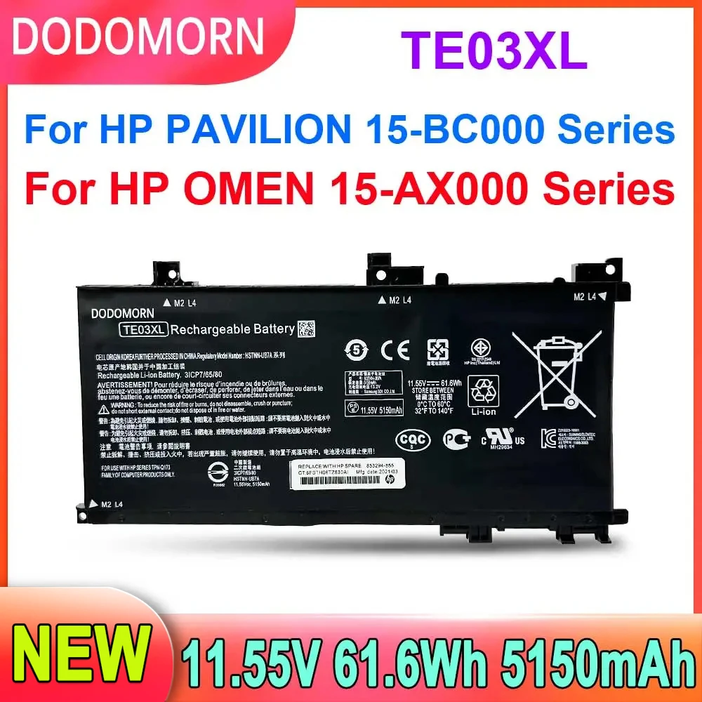 Dodomorn Bateria do Portátil Te03xl para hp Omen 15-bc011tx 15-bc012tx 15-bc013tx 15-ax015tx Ax017tx Tpn-q173 Hstnn-ub7a 849910850
