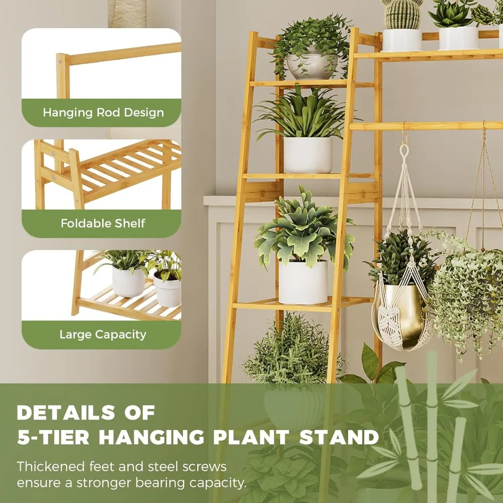 Bamworld Hanging Plant Stand Indoor, Bamboo Large Plant Shelf for Multiple Plants, Tall Ladder Coat Flower Rack for Window