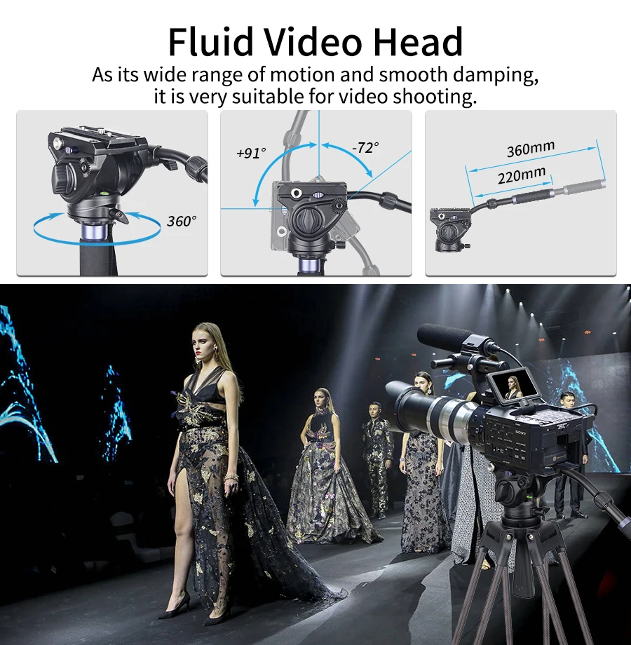 VF80C Professional Carbon Fiber Video Tripod 186cm & Hydraulic Fluid Video Head