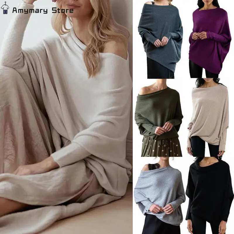 New Spring Autumn Asymmetric Pleated Pullover Womens Fashion Solid Color Elegant Long Sleeve Knitted Off Shoulder Top Streetwear