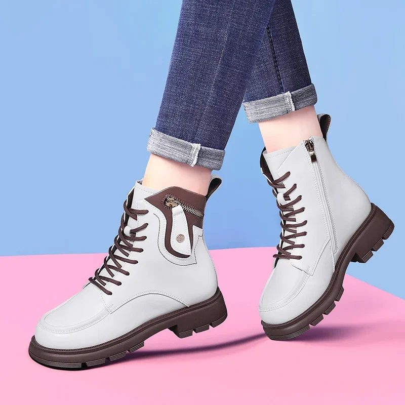 

Genuine Leather Outudoor Boots Women Platform Thick Heel Fashion Female Winter Women's Ankle Boots Trekking Footwear Flats