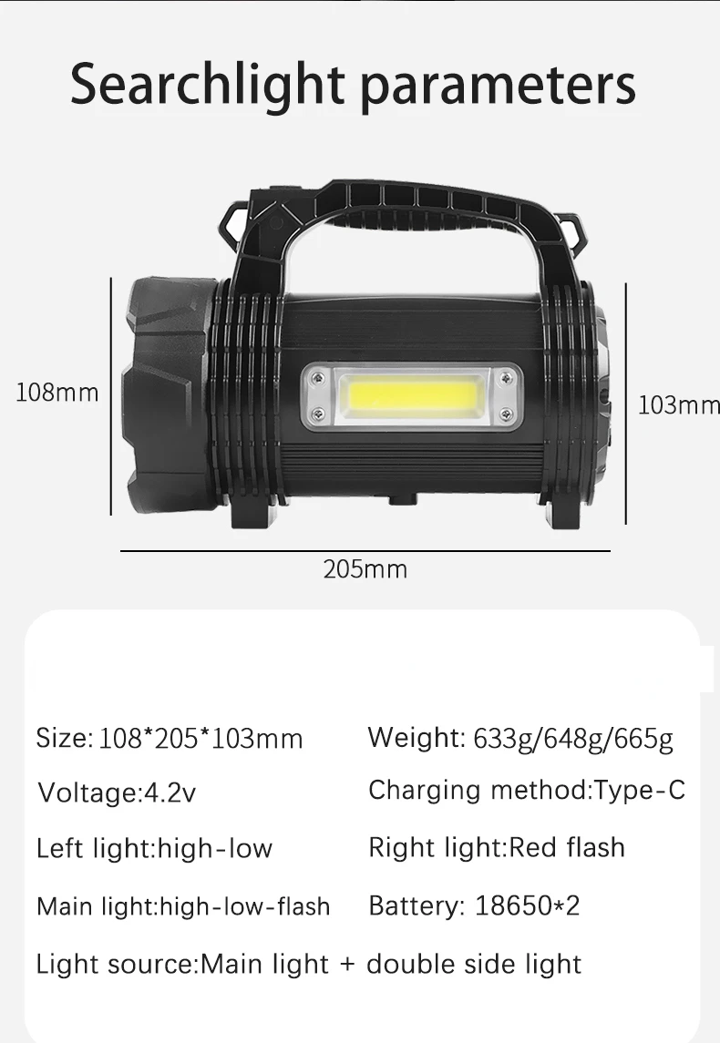 Strong Light LED Work Light USB Rechargeable Searchlight with Dual Side Lights Red Blue White Three