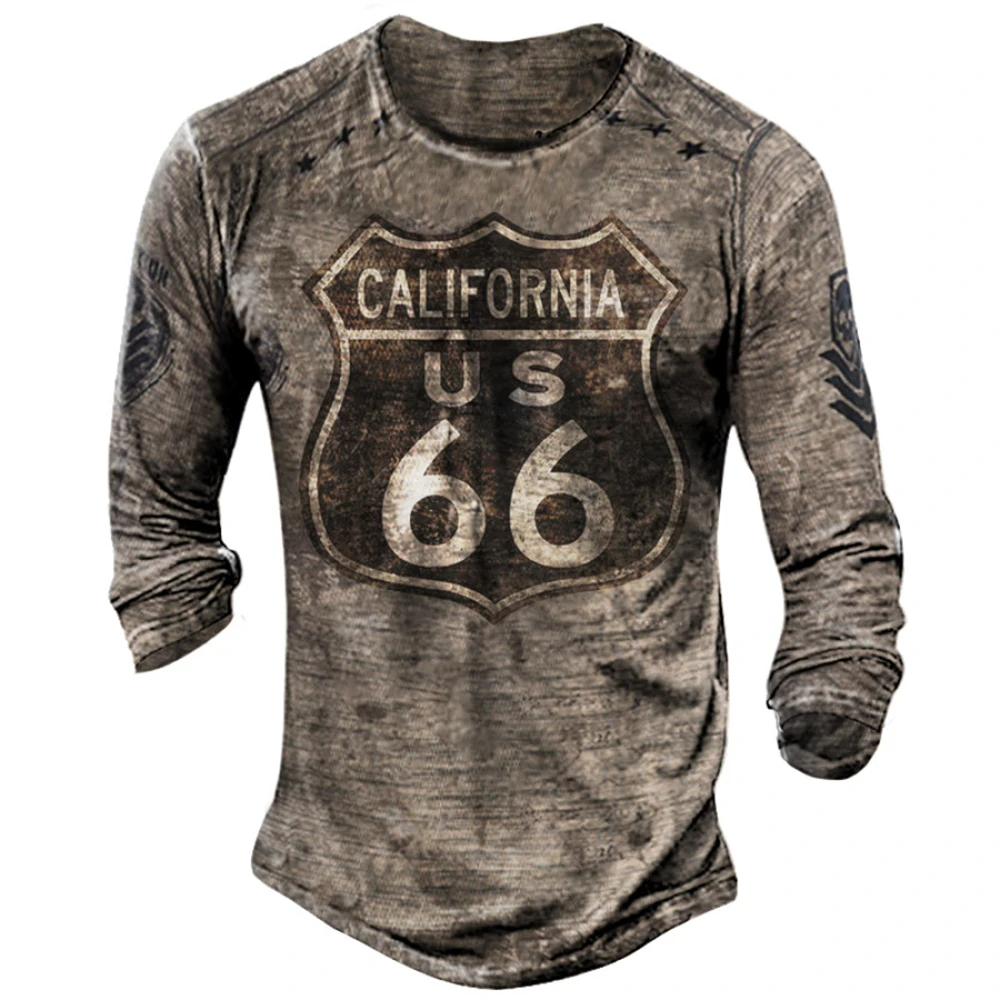 Vintage T-shirts For Men 3d Cotton Long Sleeve Route 66 Print Biker T Shirt Overisized Tee Shirt Men Clothing - T-shirts - AliExpress