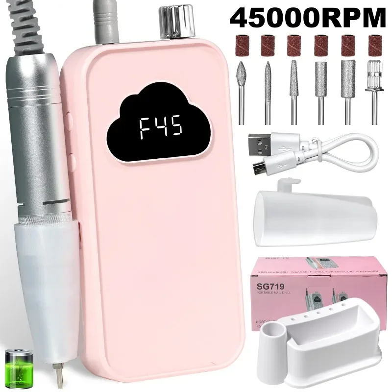 전문가용 전동 네일 드릴 45000RPM 충전식 휴대용 젤 네일 샌더 파일, 폴리싱 살롱 도구