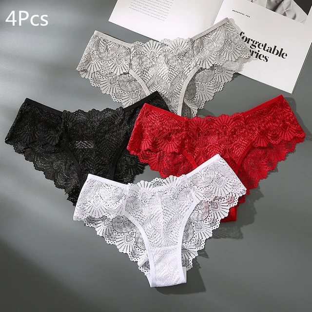 4pcs Fashion Sexy Panties Comfortable Briefs Exquisite Crotchless Shorts  Solid Lingerie Sexy Lace Hollow Out Underwear