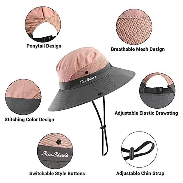1 шт. Женская Солнцезащитная шляпа для конского хвоста, регулируемая складная сетчатая рыболовная шляпа с широкими полями и цветными блоками 2