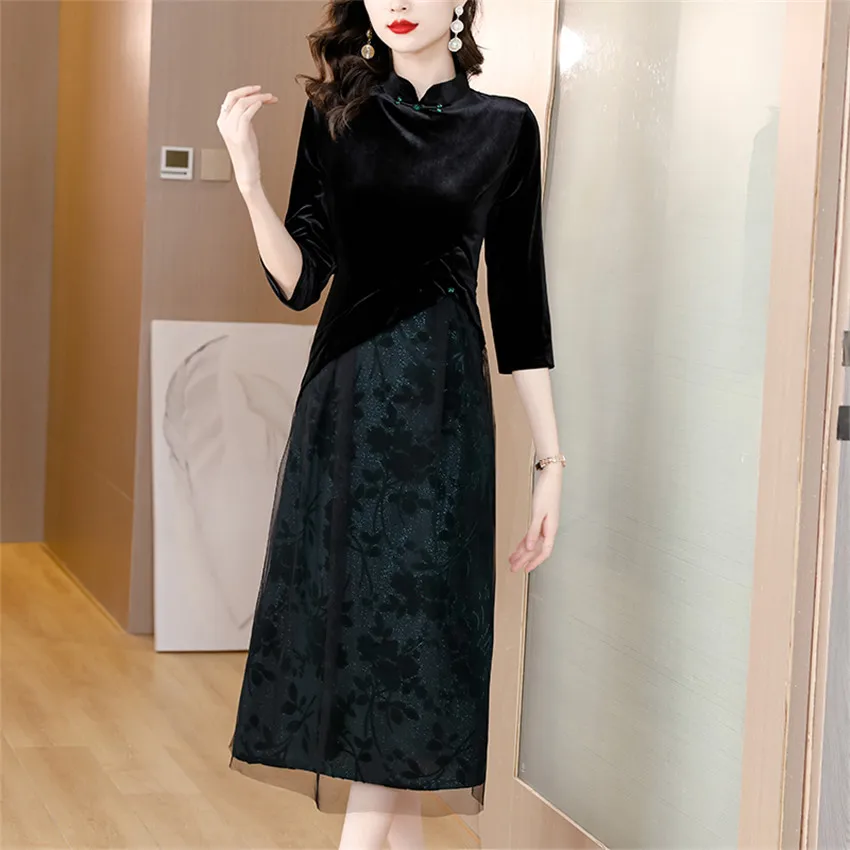 

High Quality Designer Vintage Velvet Dress Women Glitter Floral Elegant Dresses Autumn Winter Cheongsam Dress Chinese Style