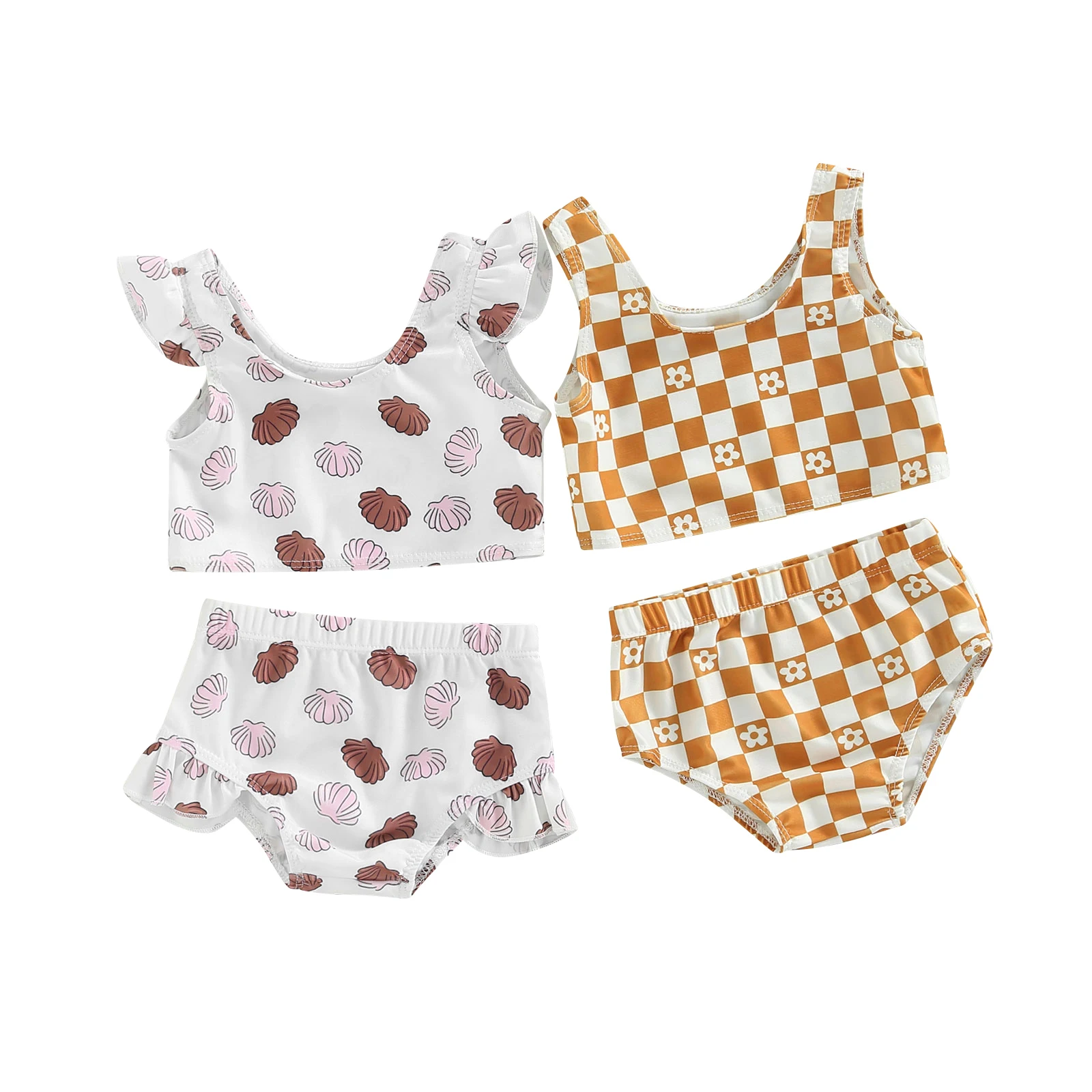 

2022-04-19 Lioraitiin 0-4Years Toddler Girl Swimsuit 2Pcs Set Print / Plaid Pattern Bathing Suit Fly Sleeve Top Matching Shorts
