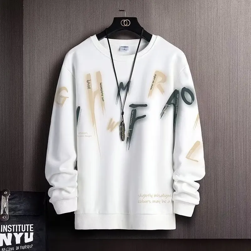 

3D Men's Sweatshirt Korean Autumn Long Sleeve T-shirt High Street Casual White Crew Neck Top Men's Fashion All-match 2022 New