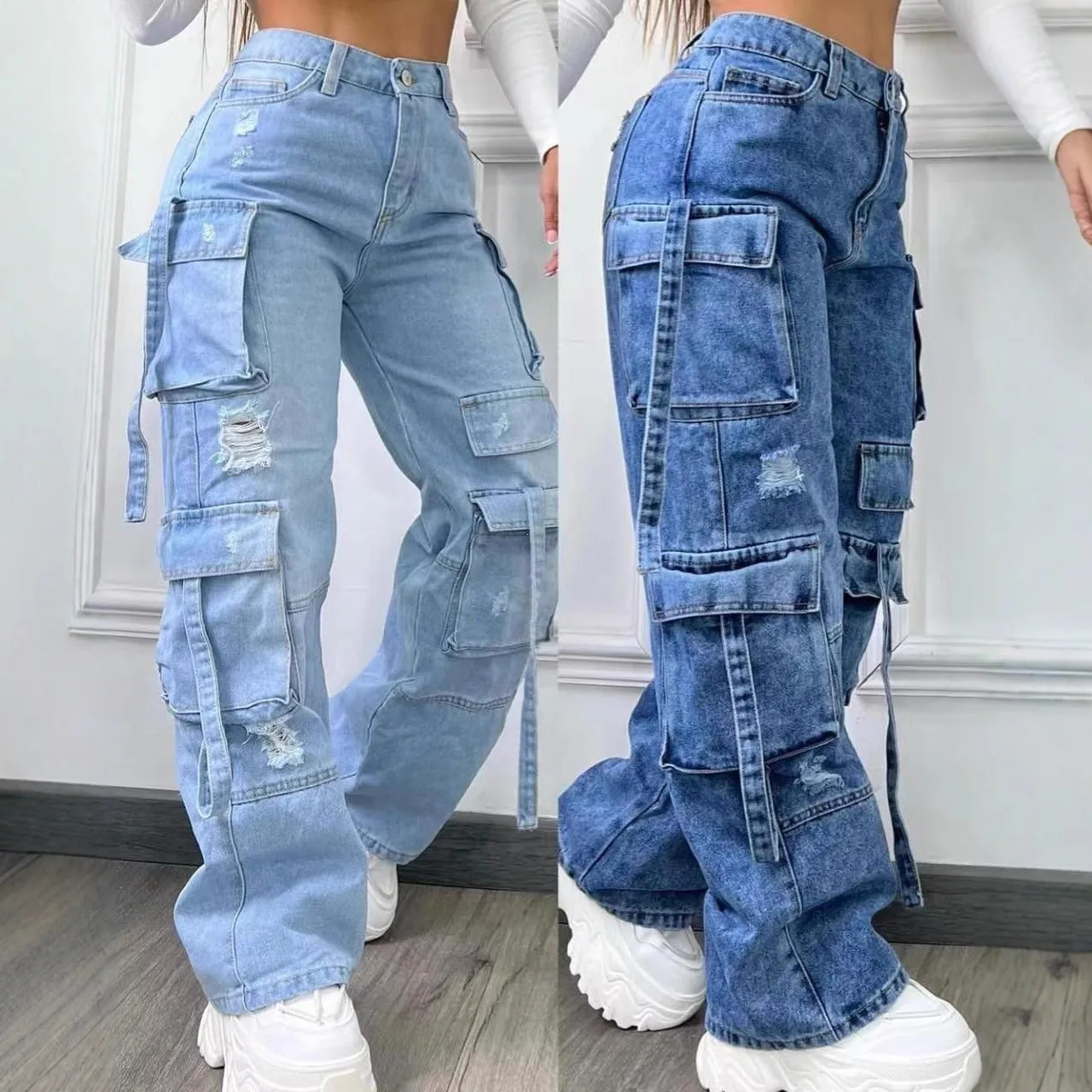 Retro Washed High Waist Women's Jeans Casual Workwear Pants Multiple Pockets Straight Leg Medium Softness Versatile Seasonal