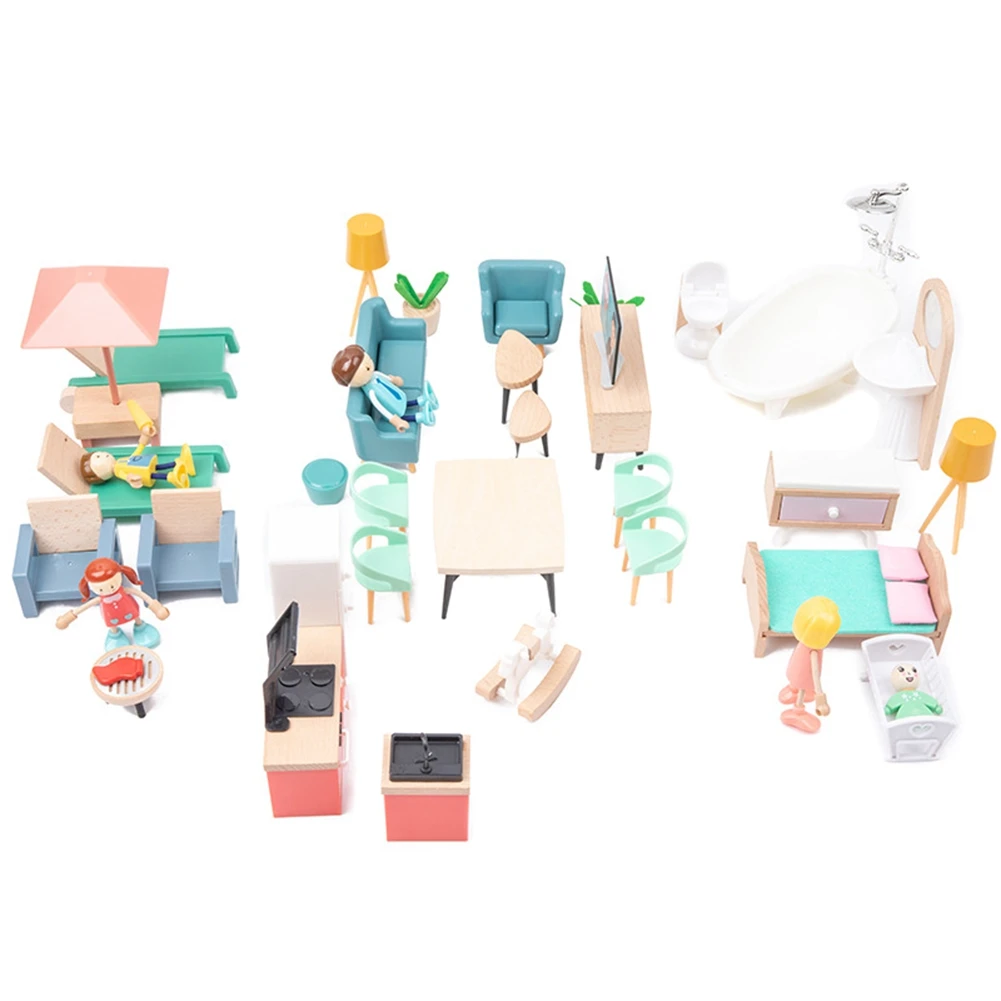 

40pcs Wooden Toys Doll Montessori Miniature Dollhouse Bathroom Bedroom Kitchen Accessories Furniture Pretend Play Gifts