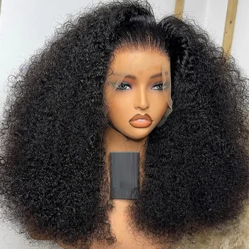 Long 180Density Soft Natural Black 26Inch Kinky curly Preplucked Glueless Synthetic 13x4 Lace Front Wig Baby Hair Daily use