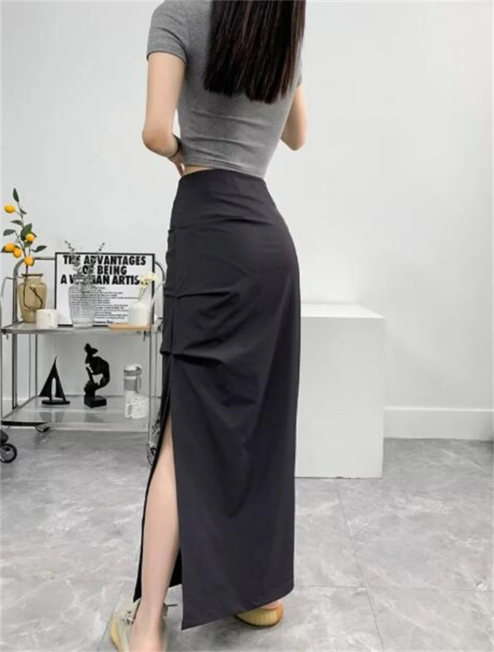 2024 Korean Sexy Side-slit Long Skirts for Women Summer Pure