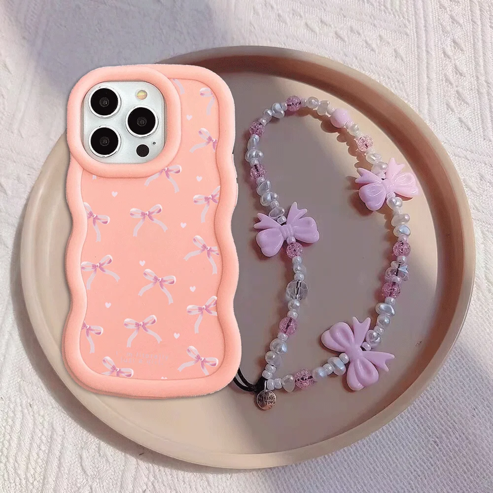 Chic Pink Bow Chain Silicone Phone Case with Bowknot Design