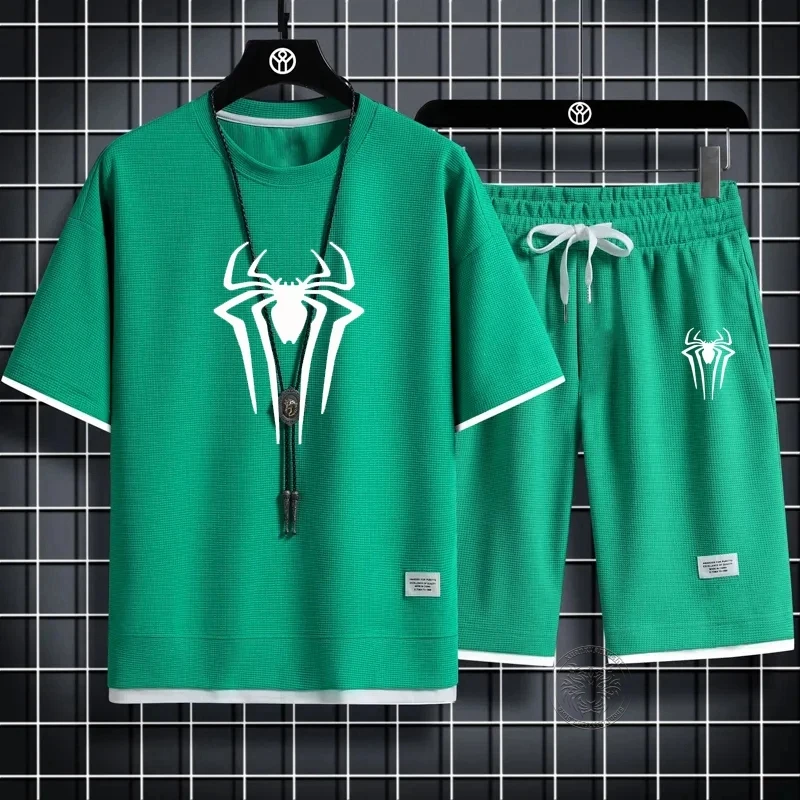 Summer Men's Spider Print T-shirt + Shorts Suit Casual Two-piece Waffle Sportswear 2024 Fashionable and Comfortable Suit M-3XL 6