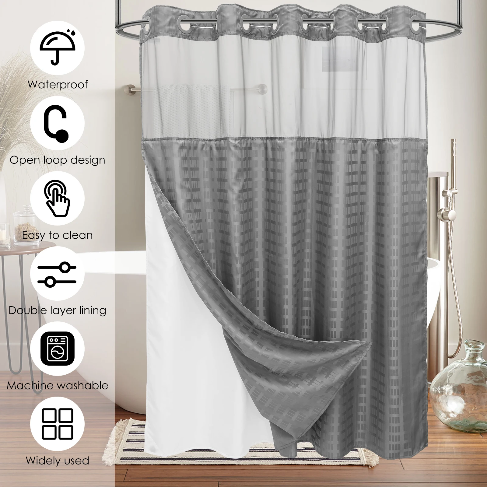 Waterproof Shower Curtain 180x188cm No Hook Shower Curtain Double Layer with Snap Contemporary Design Hotel Bathroom Curtain