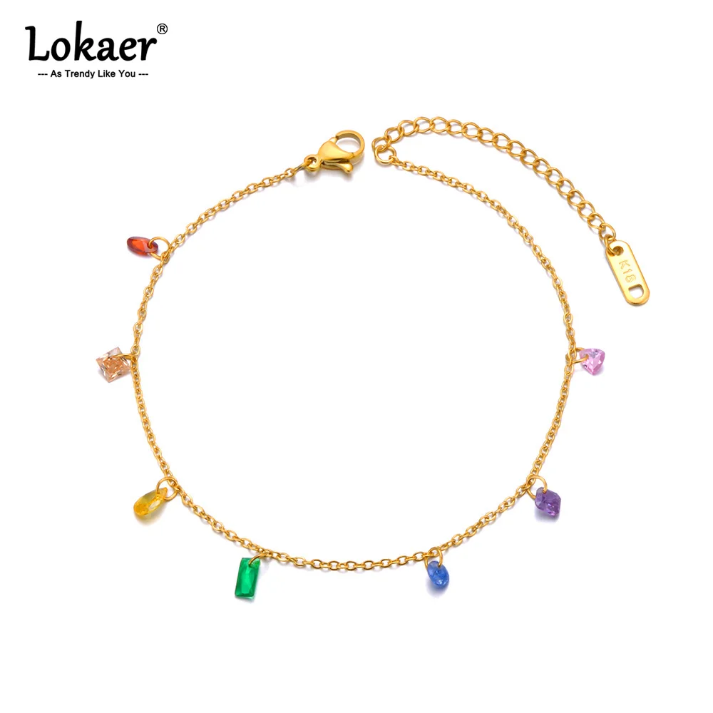 Women Anklet Fashion Colorful Cubic Zirconia Stainless Steel Anklet For Women Waterproof Gold Color Chain Zircon Trendy Jewelry A24003