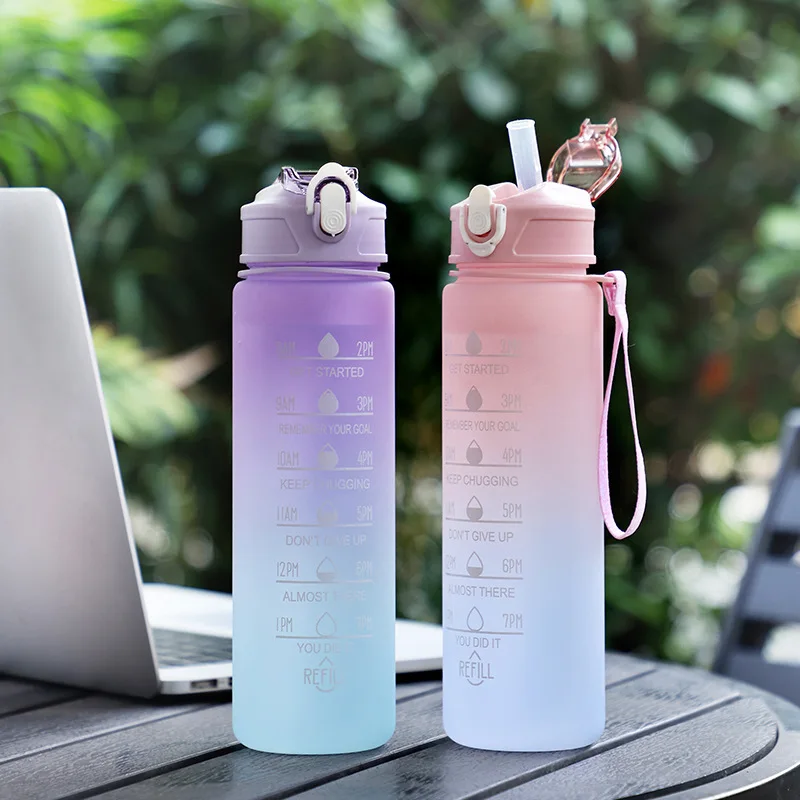 Sports Water Bottle Gradient Color Water Cup Simple Rope Lifting Space Cup Student Scale Straw Sports Water Bottle High Aesthetic Value