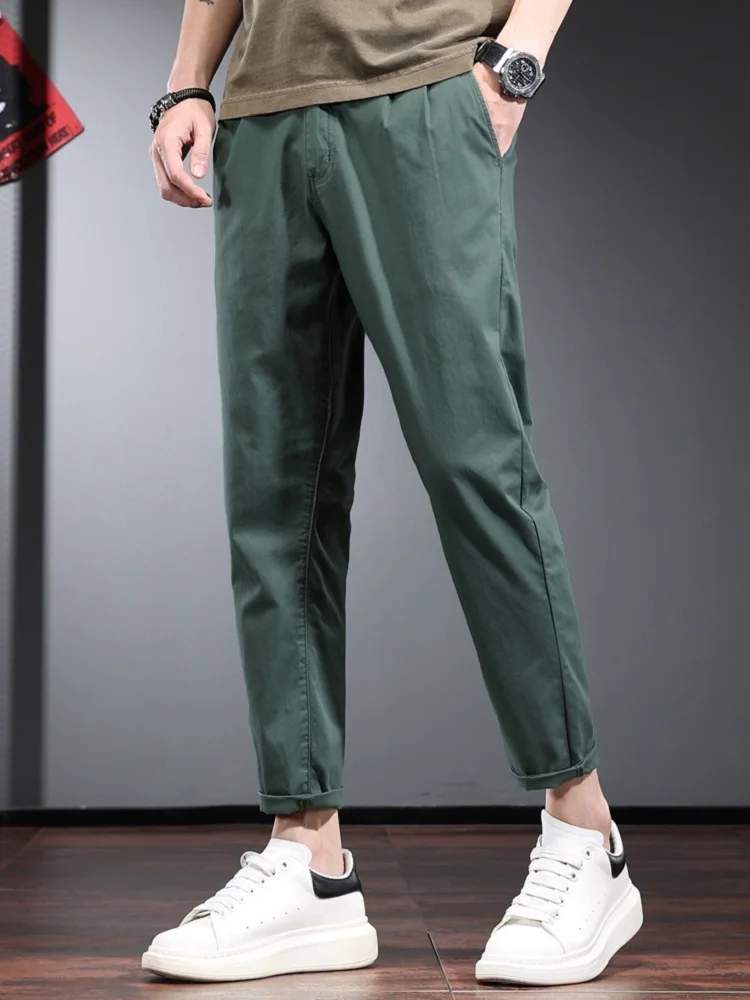 Summer Cotton Men's Ankle-Length Pants Korean Style Casual Pure Color Lightweight Trousers CP2293