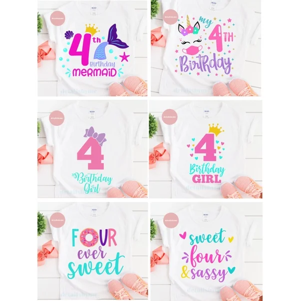 

Cute Unicorn Tshirt Fourth 4th 4 Years Old Kids Girl T-shirt Lovely Children's Birthday Gift Party Clothes White