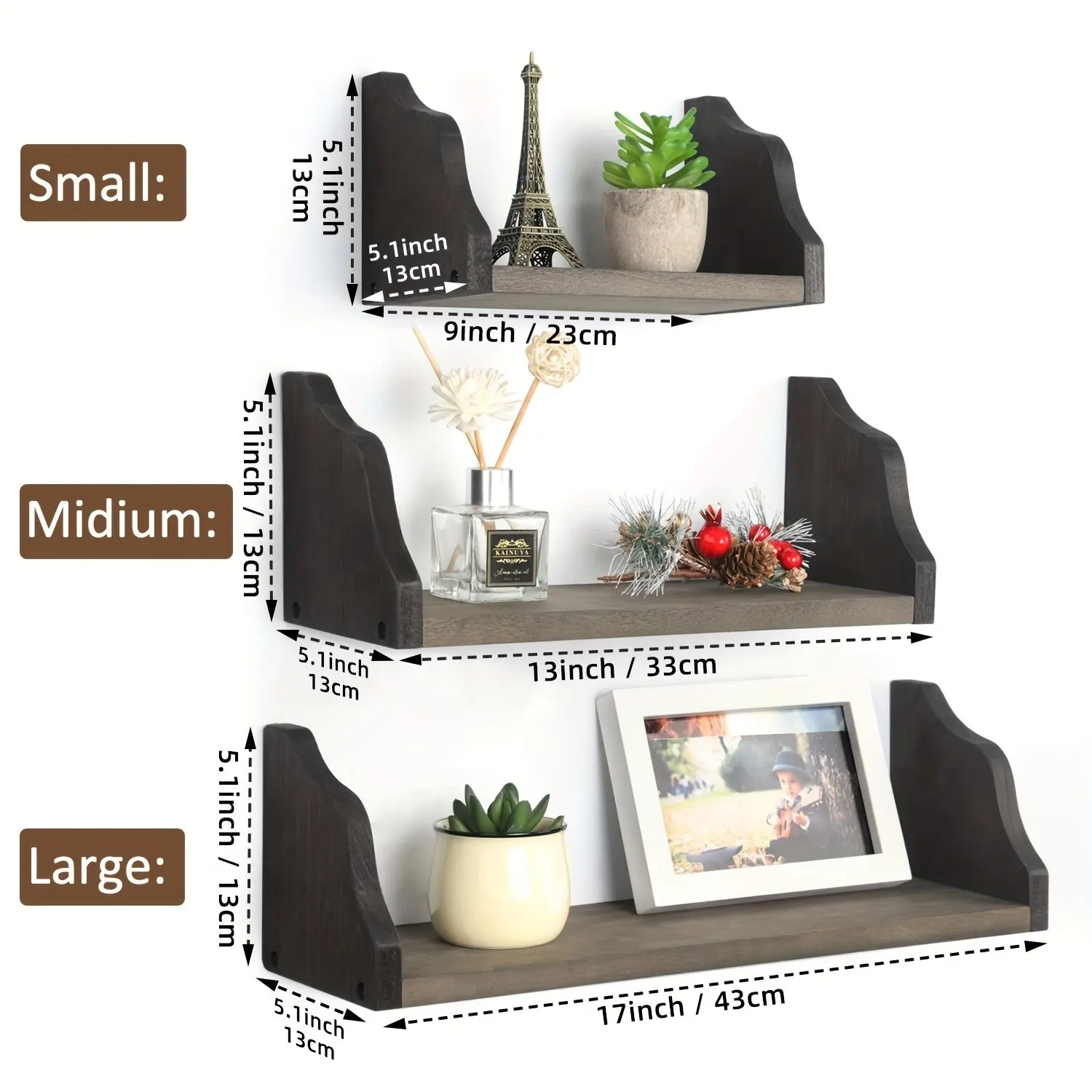 3Pcs Black Floating Shelves Rustic Wood Shelves Wall Mounted Shelf For Bathroom Decor Bedroom Living Room Kitchen Bathroom