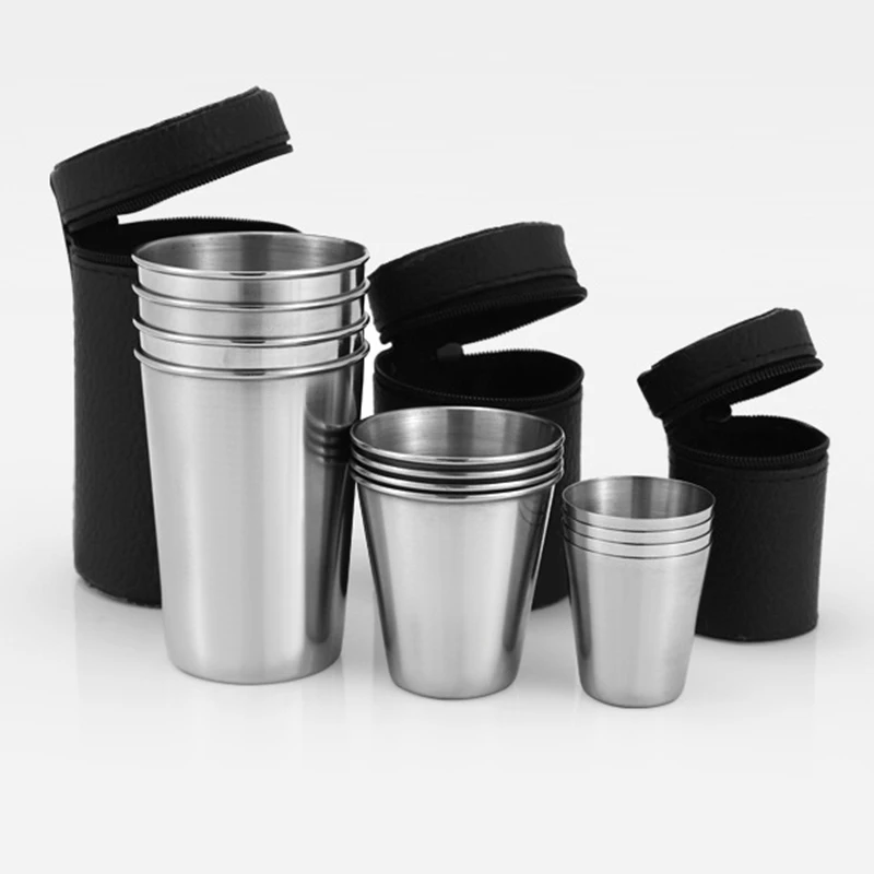 Outdoor Camping Cup Tableware Stainless Steel Travel Cups Set 4Pcs Set with Case Picnic BBQ Beer Cups Portable Coffee Drinkware Stainless Steel Cup Set