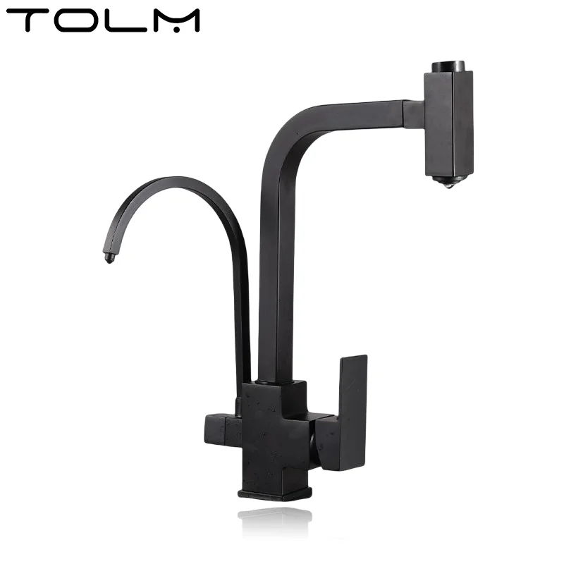 TOLM Matte Black Deck Mount Dual Handle Kitchen Faucet Pull Out Sprayer Drinking Water Hot and Cold Water Mixer Tap Pure Water